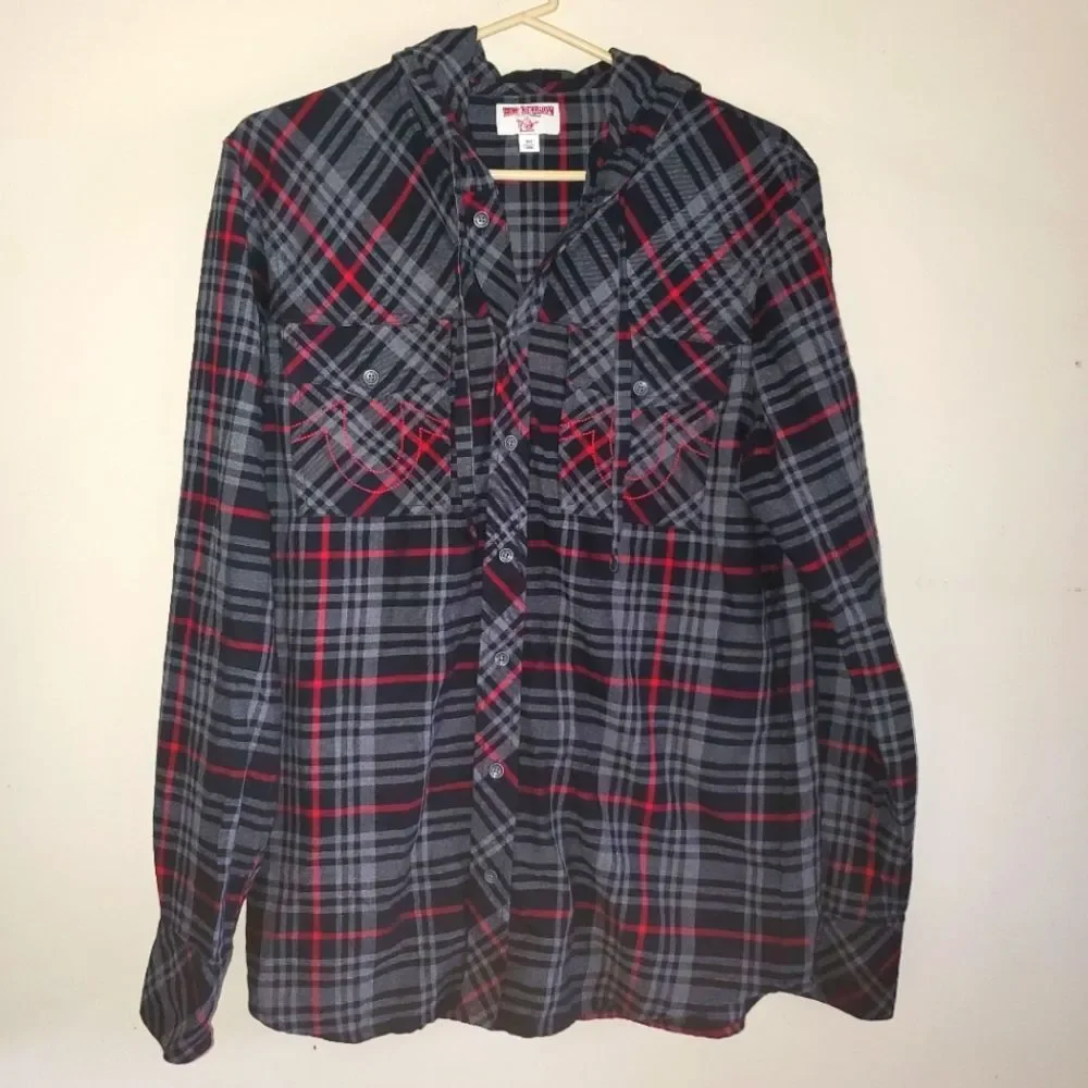 True Religion Mens Plaid Utility Hoodie Black Red Hooded Flannel Shirt Small